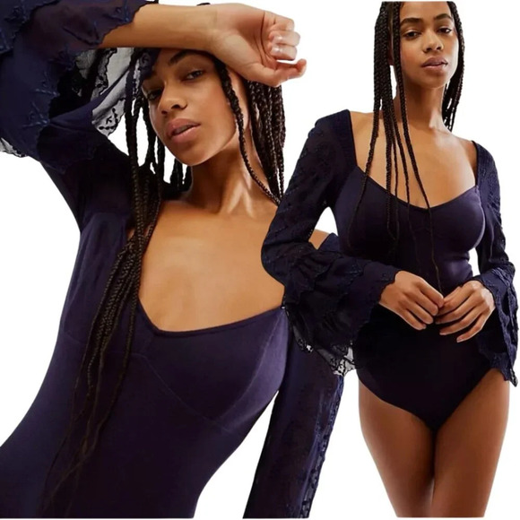 NWOT Free People Intimately FP Enchanted By You Bodysuit Women's Large Navy Silk - Picture 2 of 13